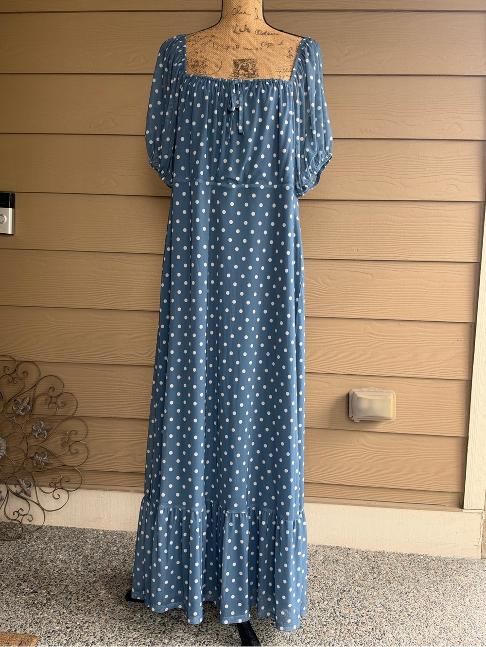 TINSEL Blue Polka Dot Maxi Dress 2X NWT Square Neck Smocked Back Puff Sleeve